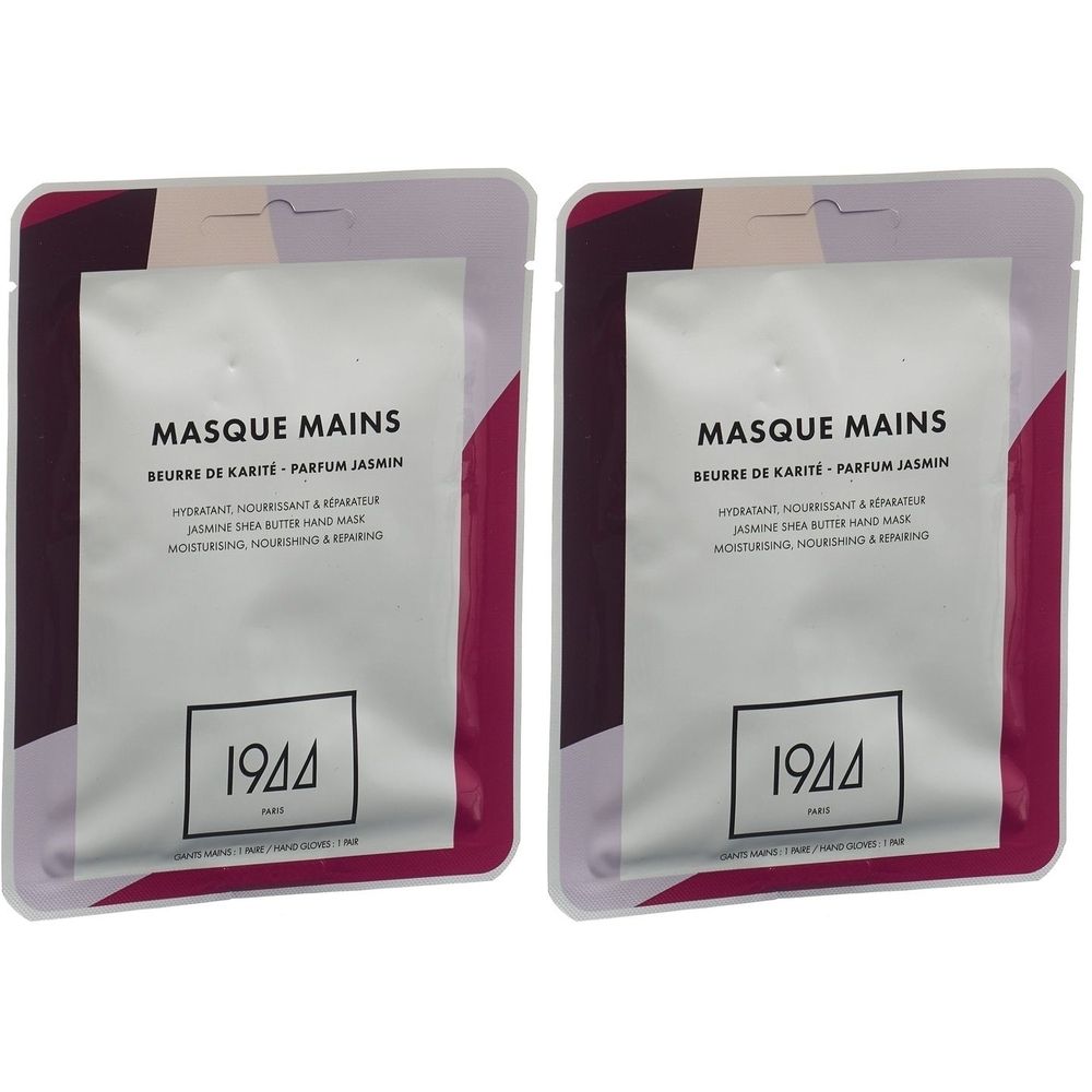 Deux masques pour les mains emballés individuellement. Inscription : MASQUE MAINS, BEURRE DE KARITE - PARFUM JASMIN. Marque : 1944.
