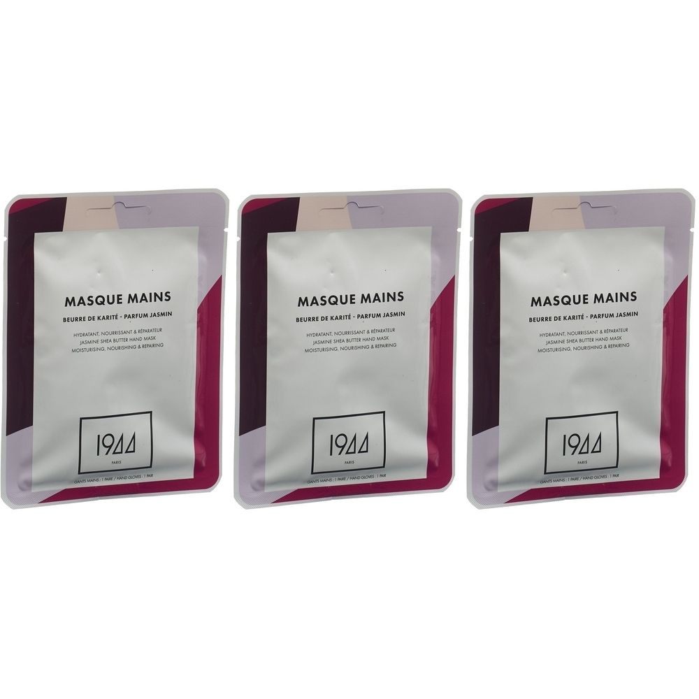 Trois masques pour les mains. Chaque sachet contient un masque blanc dans un emballage transparent avec un bord bordeaux. Inscription : MASQUE MAINS, 1944.