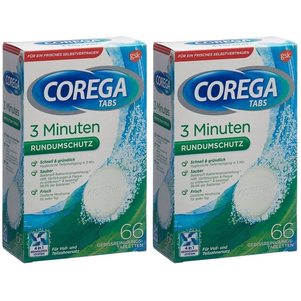 Zwei Packungen COREGA TABS 3 Minuten. Weiße Tabletten auf blau-weißem Hintergrund. Aufschrift: Rundumschutz, 66 Tabletten, 4in1.
