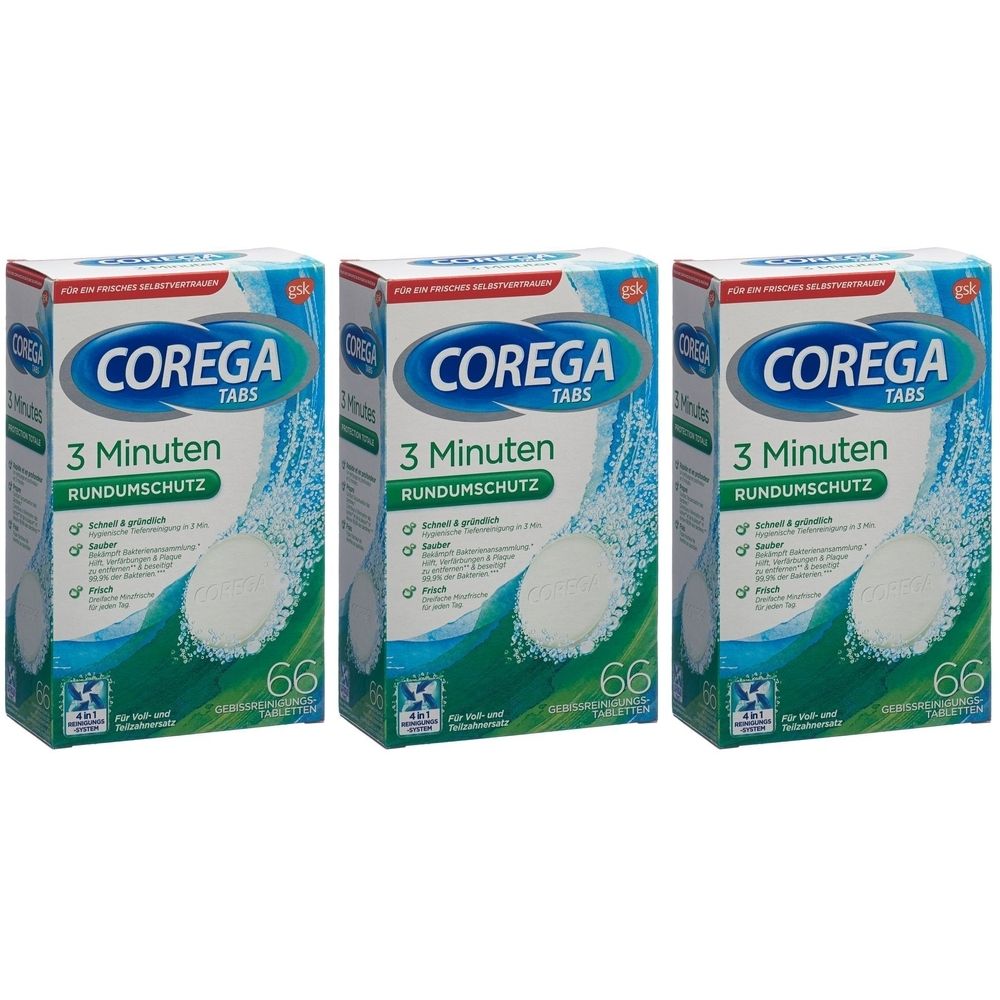 Drei Schachteln COREGA TABS 3 Minuten. Auf jeder Schachtel steht "Rundumschutz". Die Packungen enthalten 66 Tabletten.