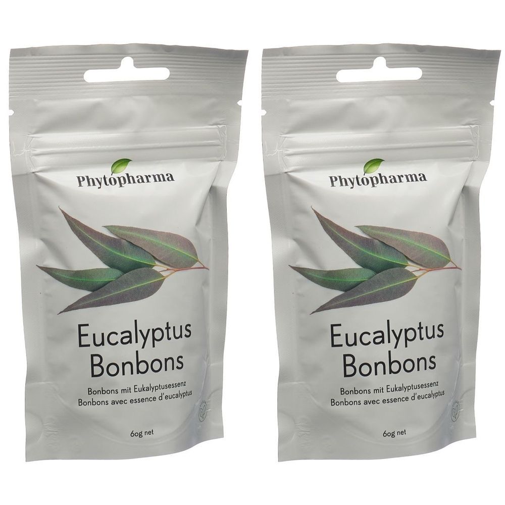 Zwei Beutel mit Eukalyptus-Bonbons. Aufdruck: Phytopharma, Eukalyptus Bonbons, 60g net. Abbildung von Eukalyptusblättern.