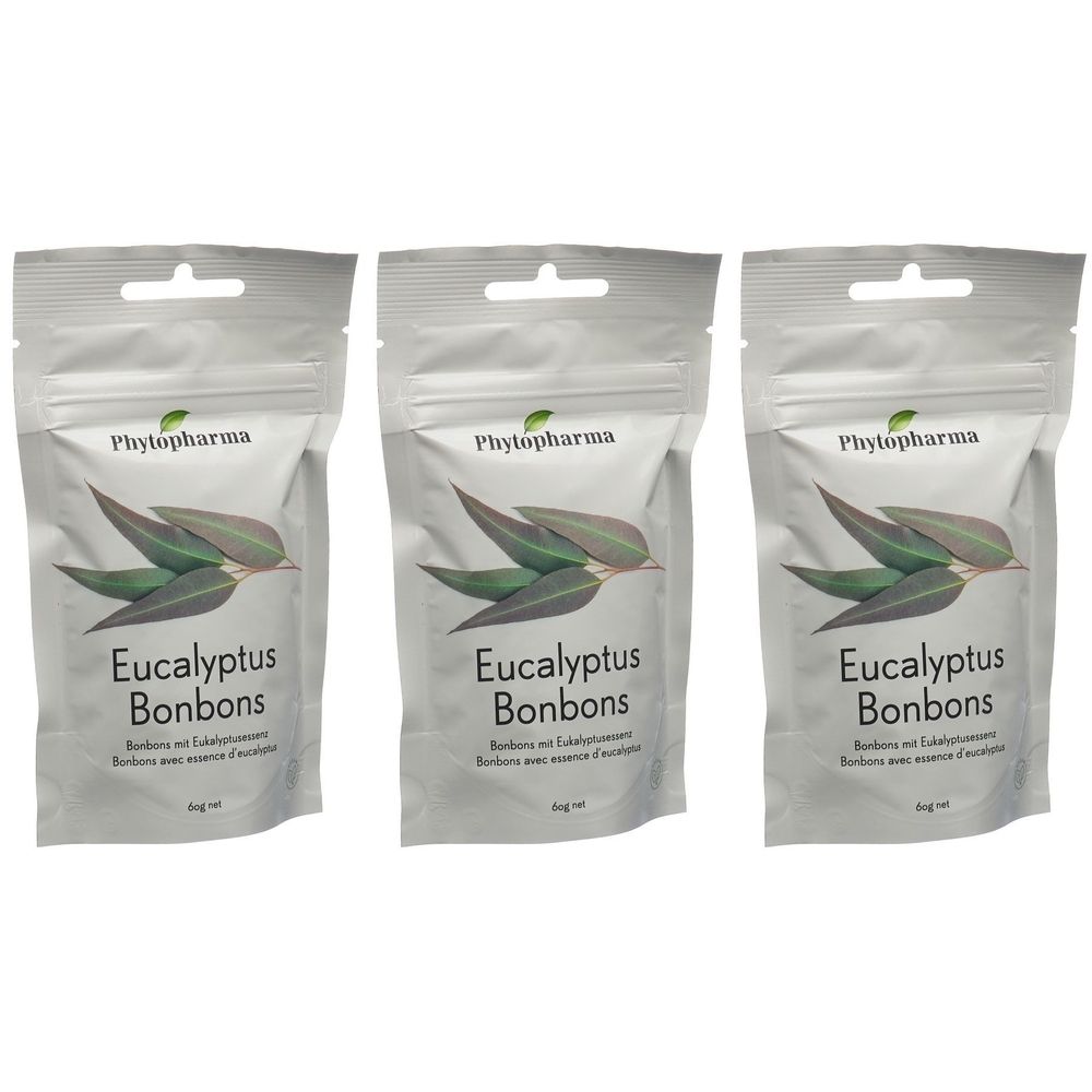 Drei Beutel mit Eucalyptus Bonbons. Aufdruck: Marke Phytopharma, Abbildung von Eukalyptusblättern, Produktname.