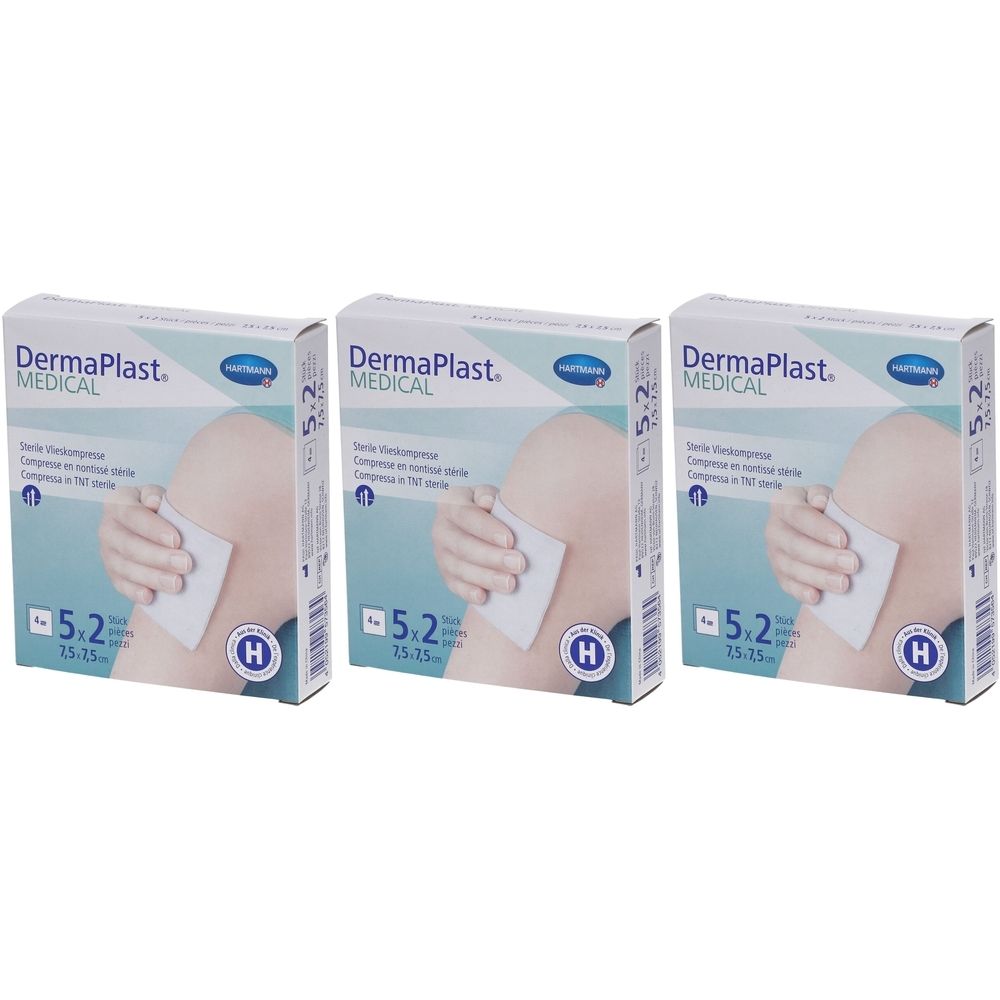 Trois boîtes de compresses DermaPlast Medical. Chaque boîte montre une compresse sur un bras. Inscriptions : 5.2, 15-25, H.