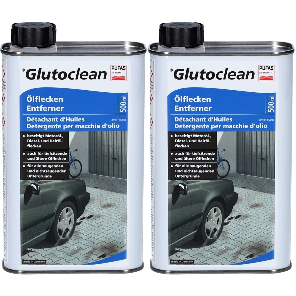 Deux bidons métalliques noirs. Inscription: Glutoclean Ölflecken Entferner. Étiquettes bleues avec informations sur le produit.