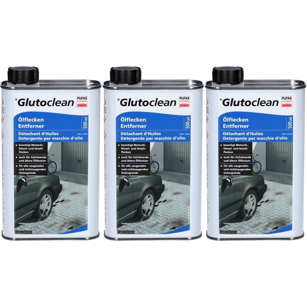 Trois boîtes métalliques avec bouchon noir. Inscription: Glutoclean Ölflecken Entferner. Arrière-plan: garage avec voiture.