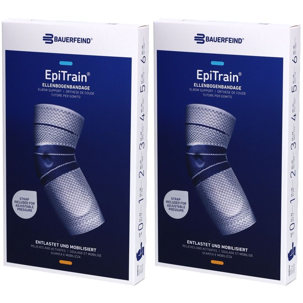 Deux boîtes de bandage de coude EpiTrain. Boîte blanche avec image du produit et texte. Marque Bauerfeind.