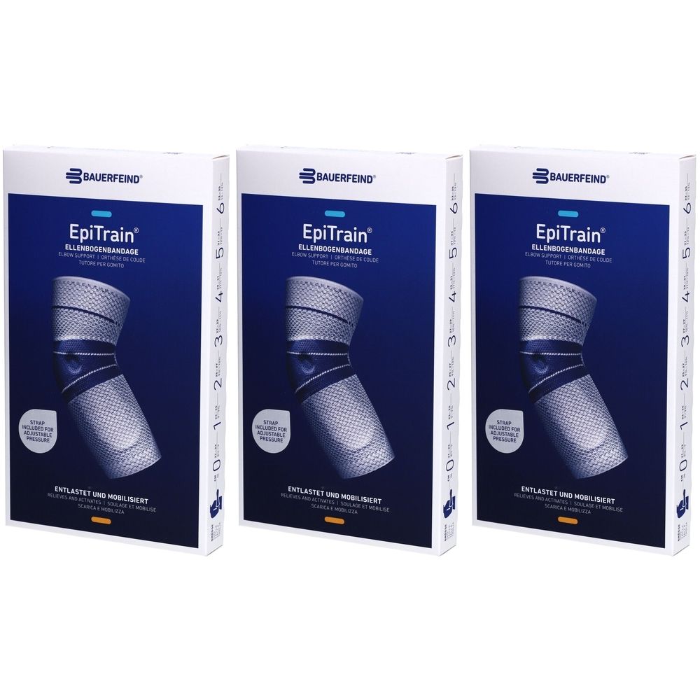 Trois boîtes de produit. Chaque boîte montre une attelle. Inscription: EpiTrain attelle de coude.