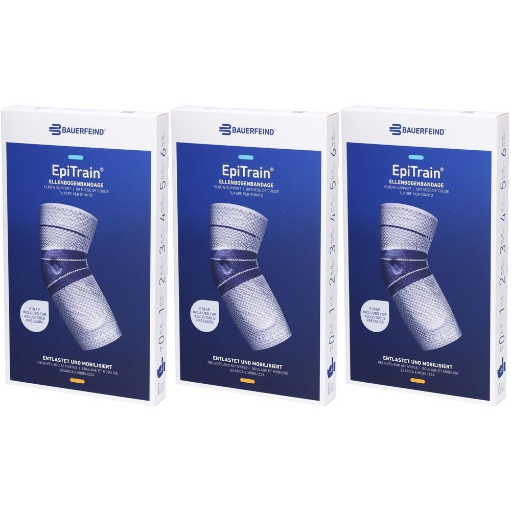 Trois boîtes de bandage actif EPITRAIN. Le bandage est illustré sur l'emballage. Inscription : BAUERFEIND, EpiTrain bandage pour le coude.