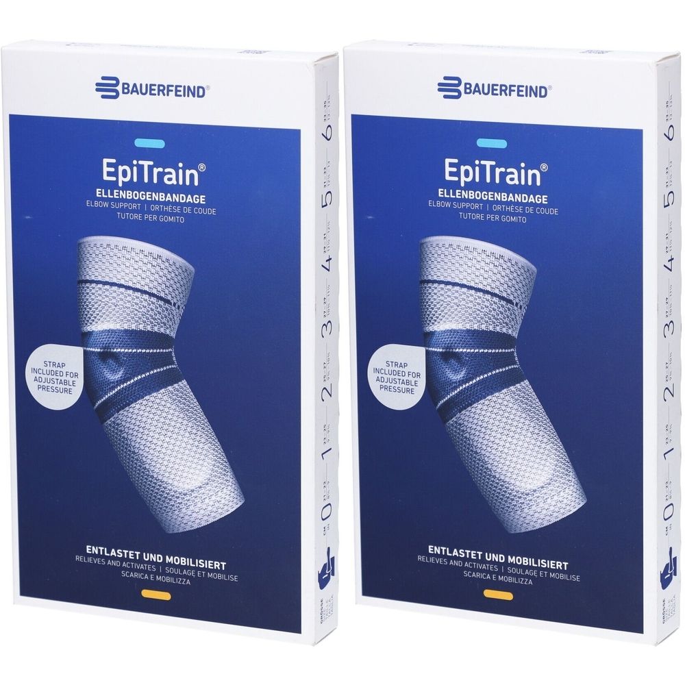 Deux boîtes de bandage de coude EpiTrain. Inscription : Bauerfeind, EpiTrain, bandage de coude. Comprend une sangle pour une pression réglable.