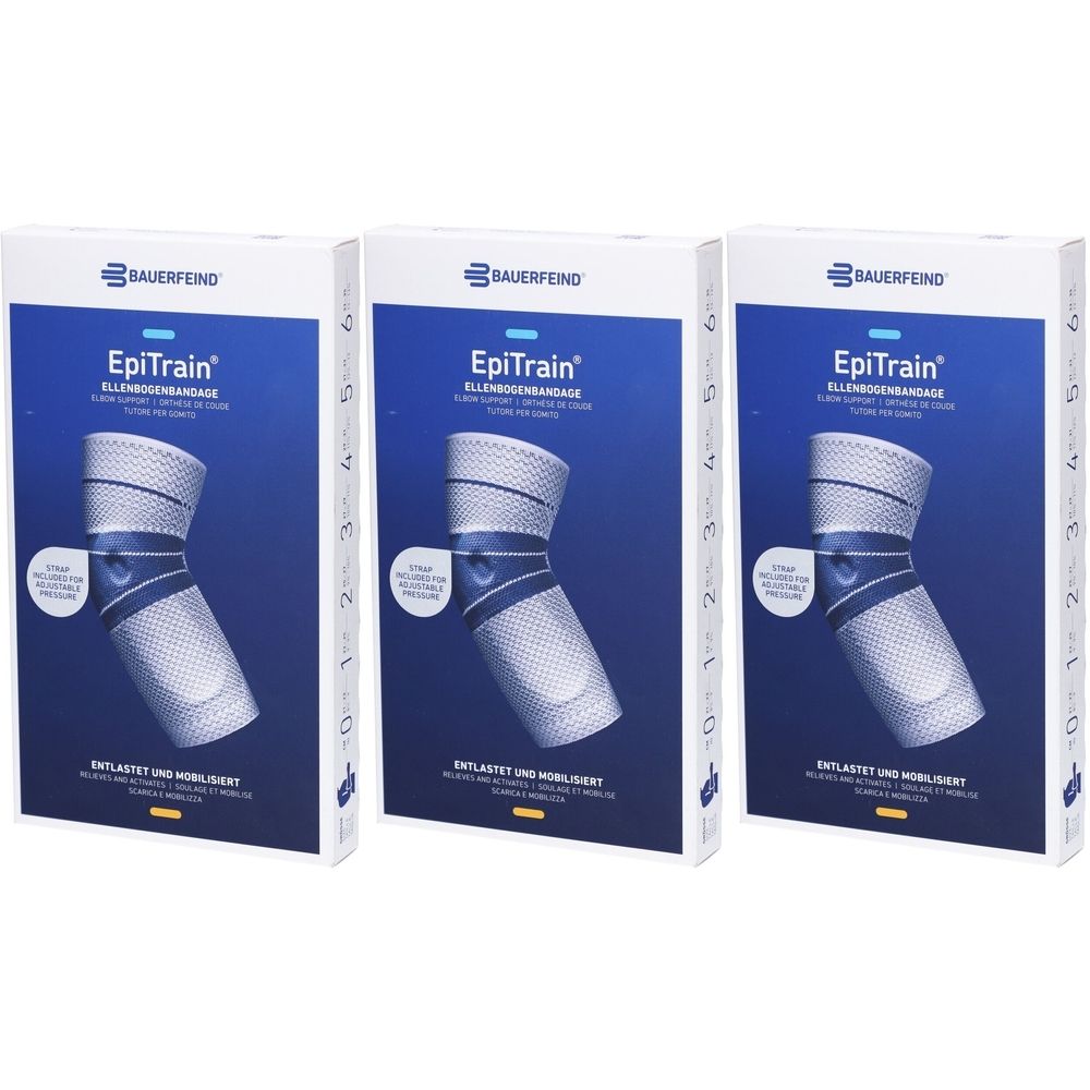 Trois boîtes de bandage actif EPITRAIN avec sangle. Chaque boîte montre un bandage et le texte "EpiTrain".