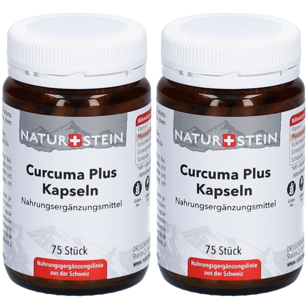 Deux flacons bruns avec des couvercles blancs. Les étiquettes indiquent "NATUR+STEIN Curcuma Plus Kapseln". 75 pièces. Complément alimentaire.