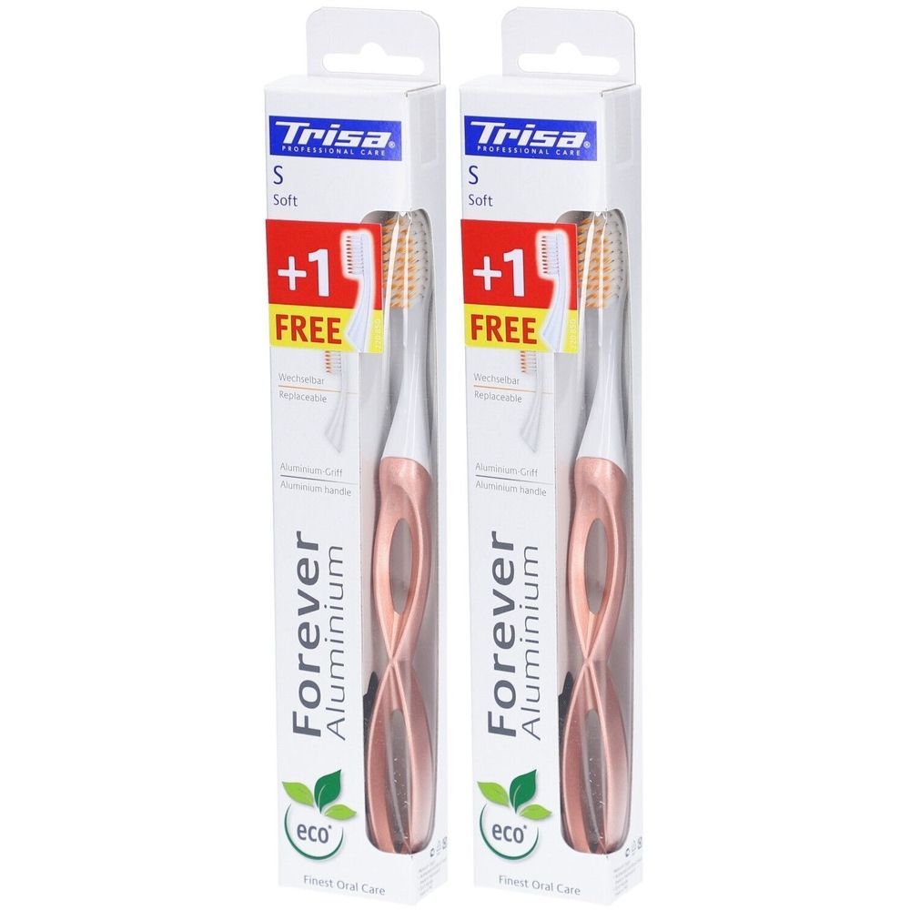 Zwei Zahnbürsten in Verpackung. Rosa-goldener Griff, weißer Bürstenkopf. "Forever Aluminium" und "+1 FREE" auf der Verpackung.