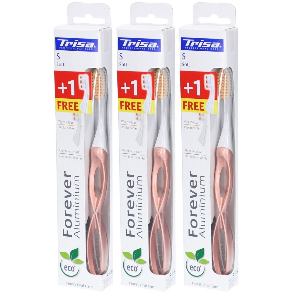 Trois brosses à dents emballées. Marque Trisa, modèle Forever Aluminium. Avec tête interchangeable et inscription « +1 gratuit ». Soies souples.