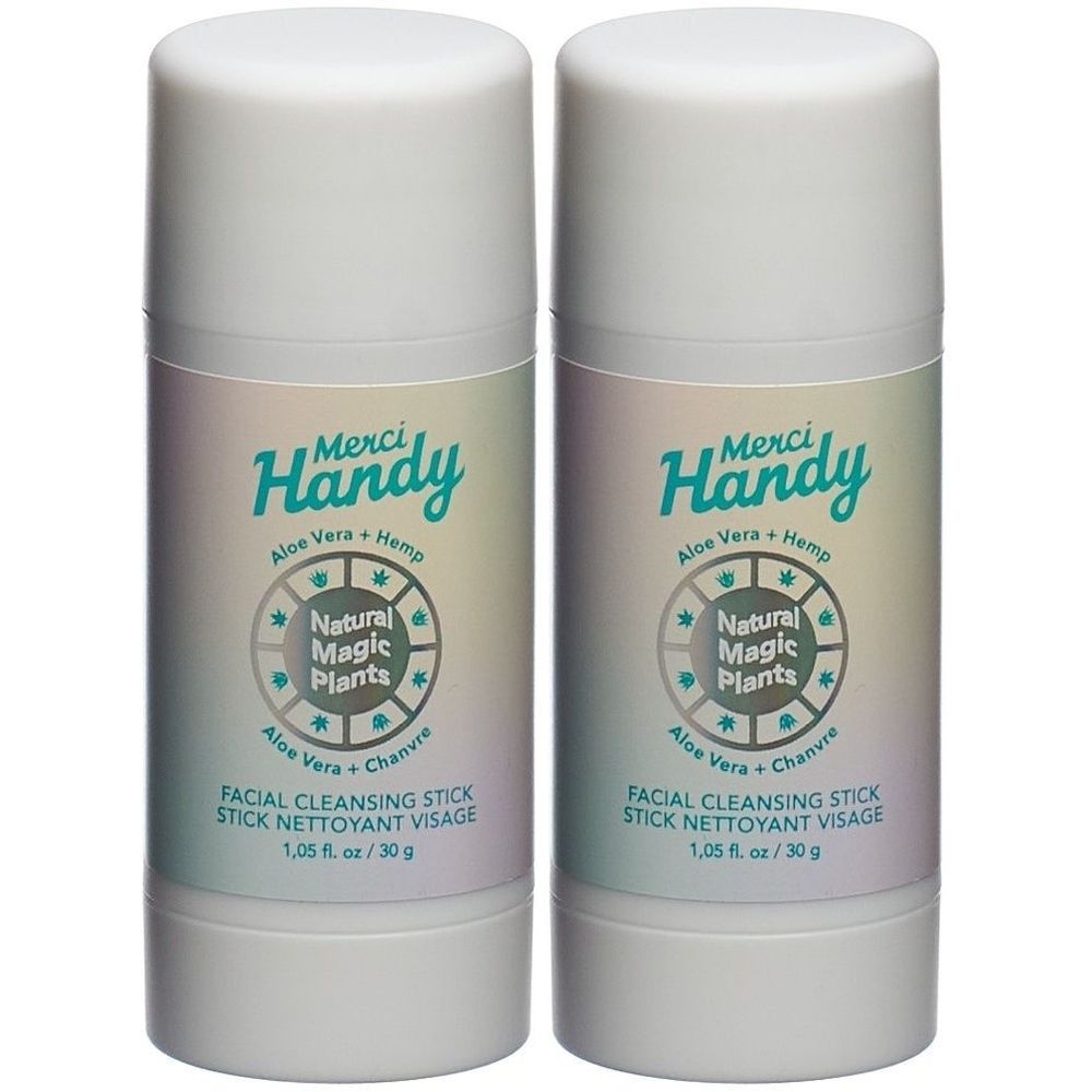 Deux sticks nettoyants blancs avec texte vert. Inscription : Merci Handy, Aloe Vera + Chanvre, Natural Magic Plants, Facial Cleansing Stick, 1,05 fl. oz / 30 g.