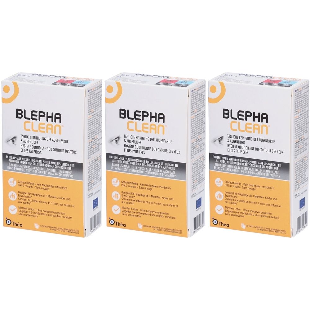 Trois boîtes de produit. Inscription: BLEPHACLEAN. Emballage jaune et blanc avec informations et logo.