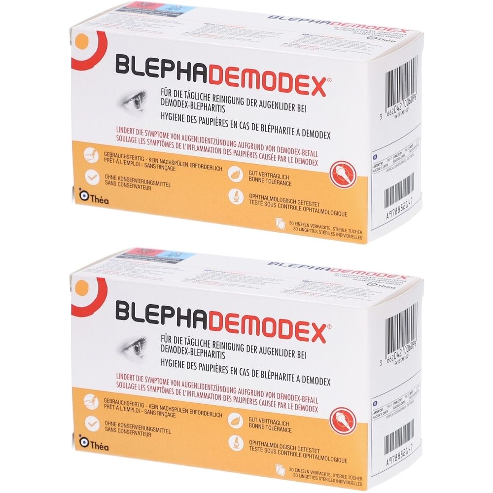 Deux boîtes BLEPHADEMODEX. Emballage blanc avec texte rouge et orange. Texte en allemand et français.