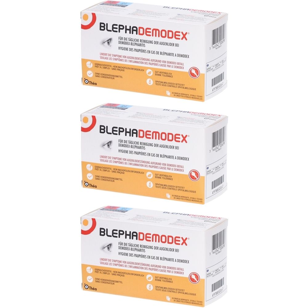 Trois boîtes avec impression du produit. Impression : BLEPHADEMODEX, hygiène des paupières. Emballage blanc avec accent orange.