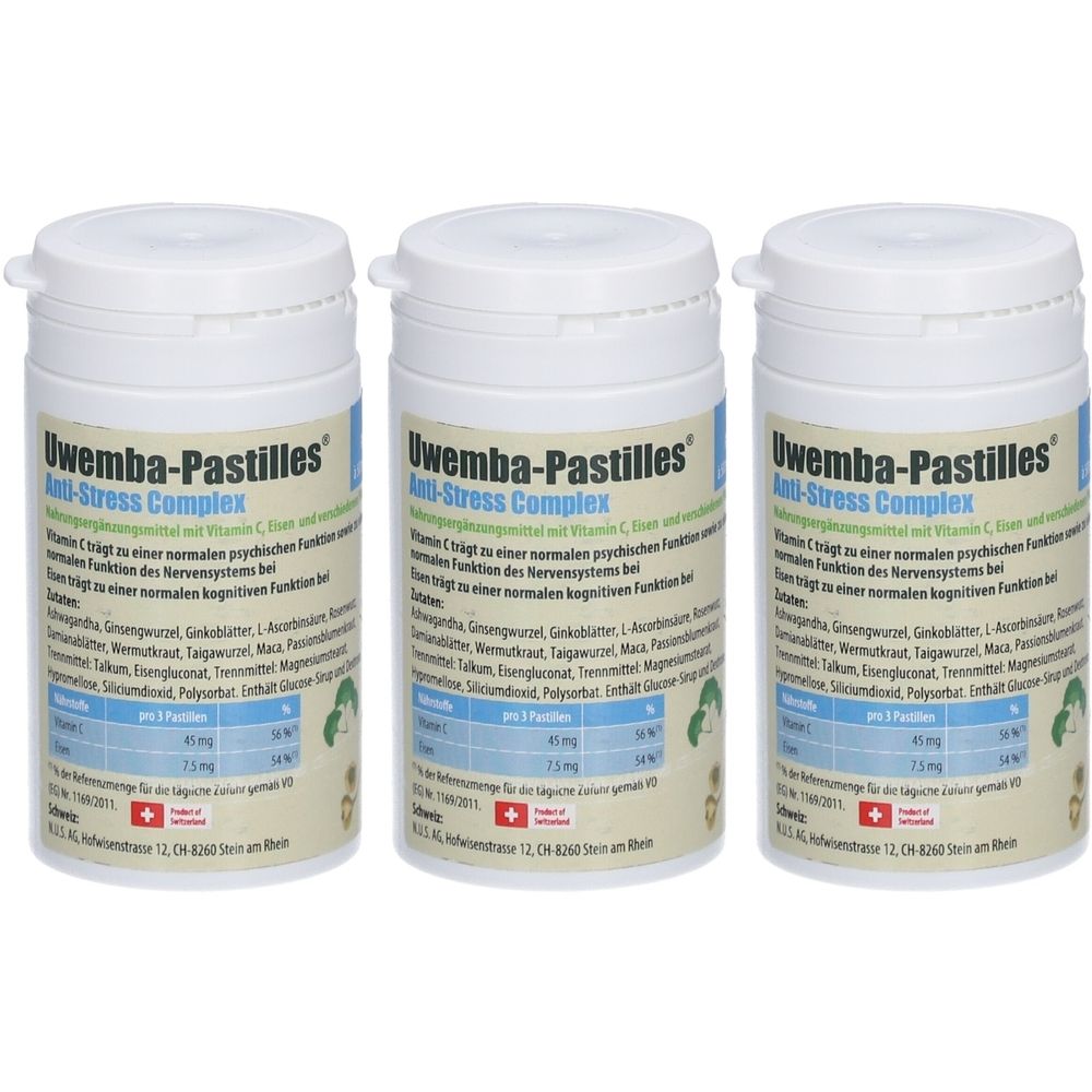 Trois boîtes en plastique blanc avec étiquettes. Inscription: Uwemba-Pastilles Anti-Stress Complex. Texte en allemand.