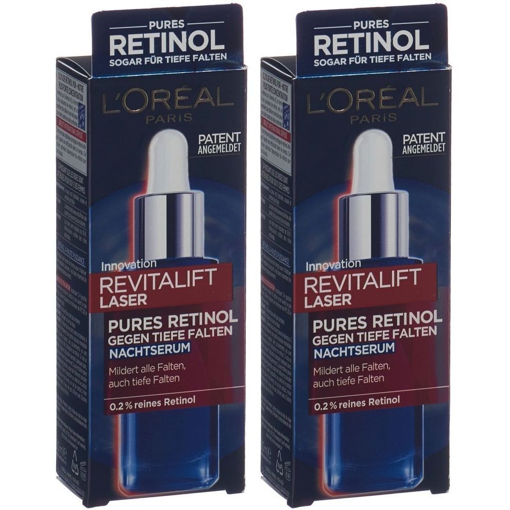 Deux emballages de sérum de nuit L'Oréal Paris Revitalift Laser. Flacon bleu avec pipette, entouré d'une boîte avec nom et texte du produit.