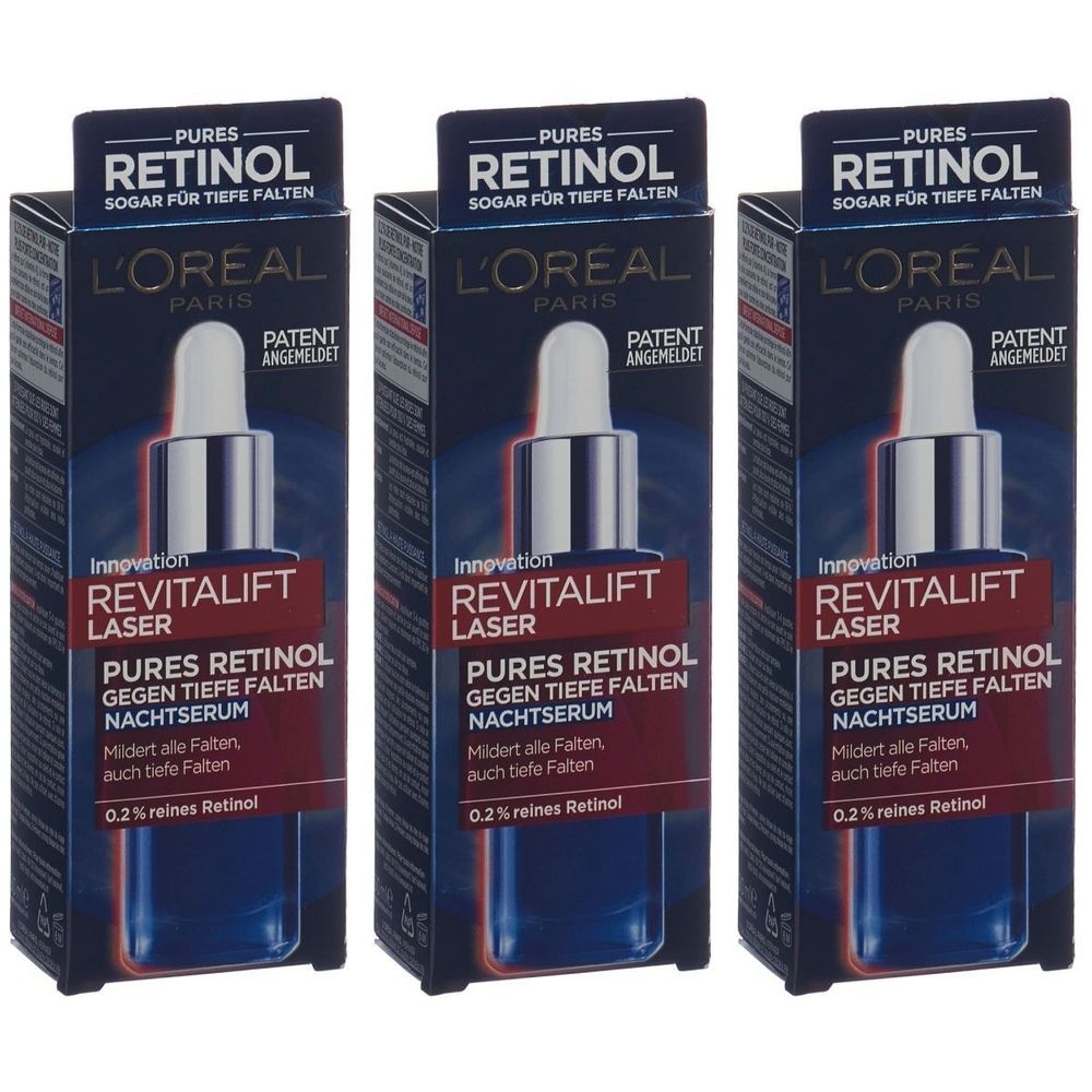 Trois boîtes de sérum de nuit L'Oréal Paris Revitalift Laser Retinol. Chaque boîte présente un flacon de sérum et des informations.