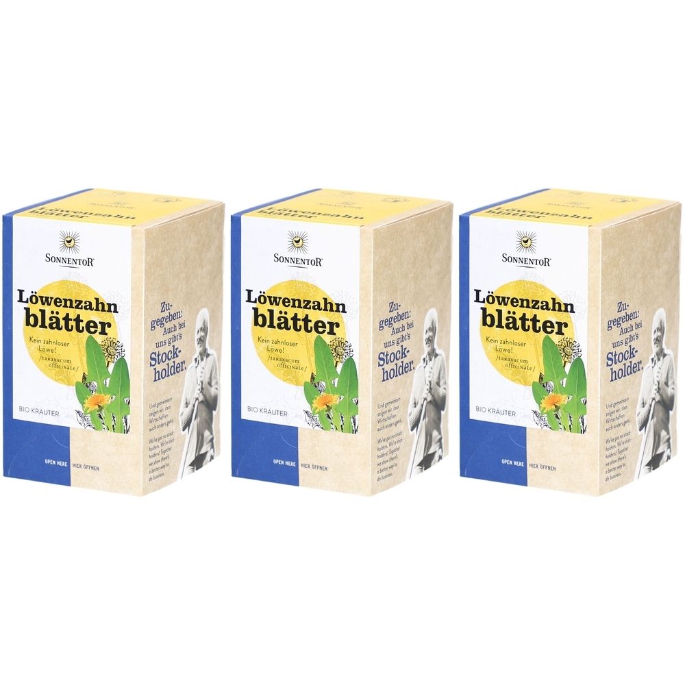 Trois boîtes de thé SONNENTOR Löwenzahnblätter BIO. Boîtes beiges avec bande bleue et logo jaune. Texte : Löwenzahnblätter.