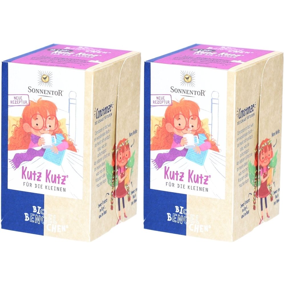 Deux boîtes rectangulaires. Inscription : SONNENTOR, Kutz Kutz für die Kleinen. Illustration d'une fille. Accents de couleur bleu et rose.