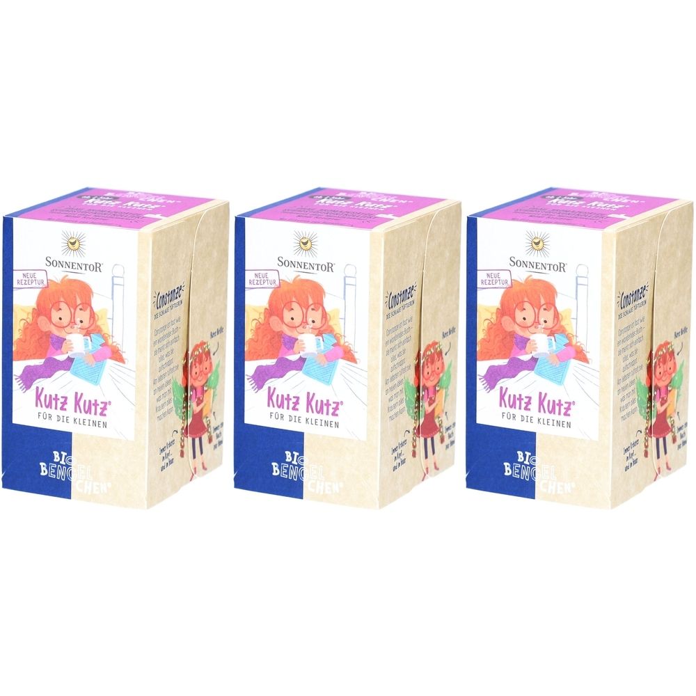 Trois boîtes en carton rectangulaires. Chaque emballage présente une fille avec un cadeau. La marque est SONNENTOR.