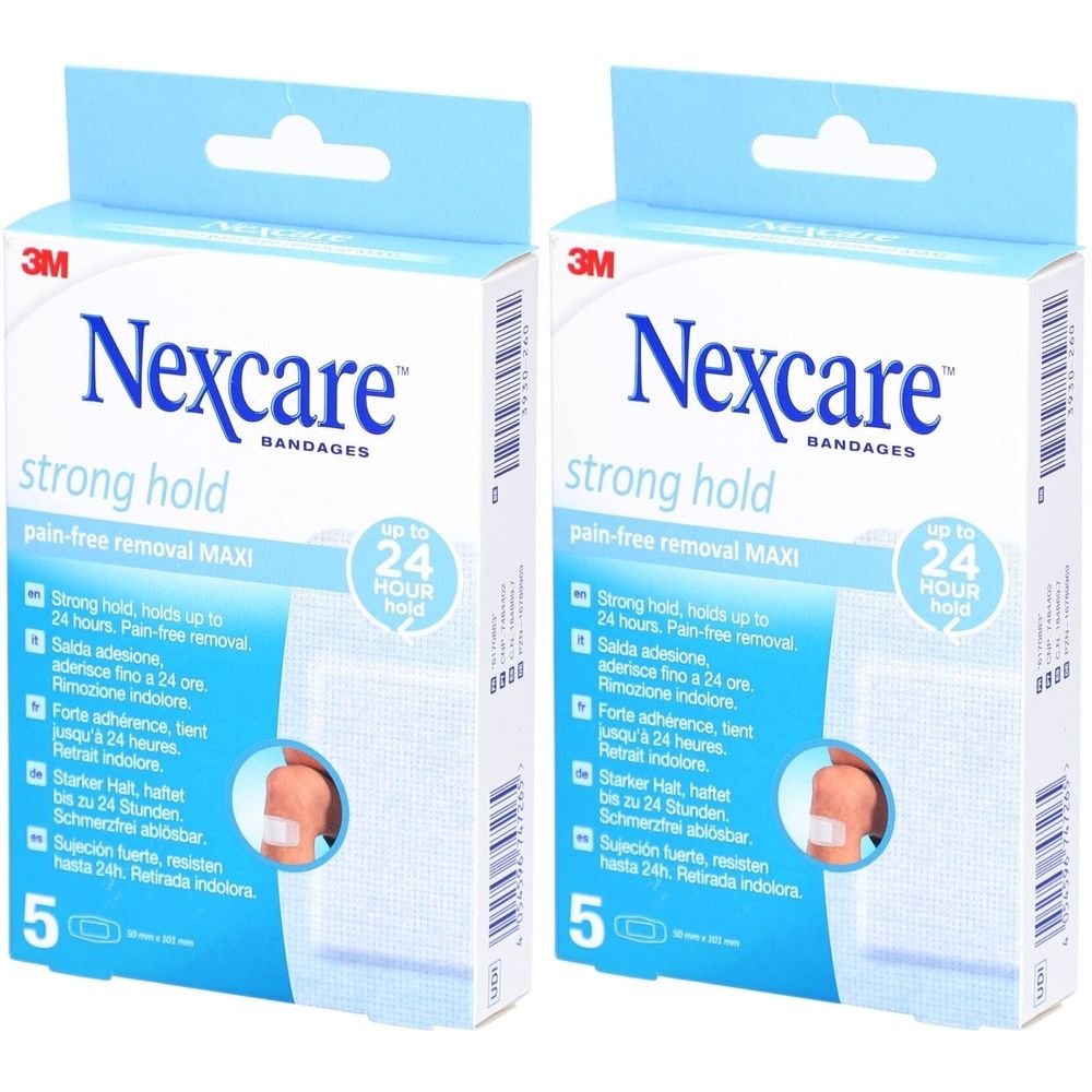 Deux boîtes de pansements Nexcare Strong Hold. Emballage blanc et bleu. Texte: Strong Hold, maintien 24 heures.
