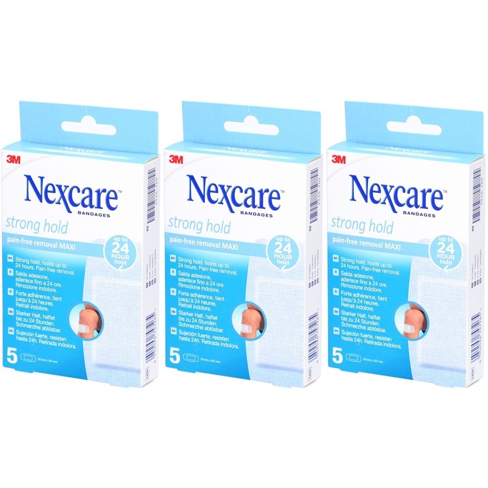 Trois boîtes de pansements Nexcare. Emballage bleu avec informations produit et logo. 5 pièces par boîte.