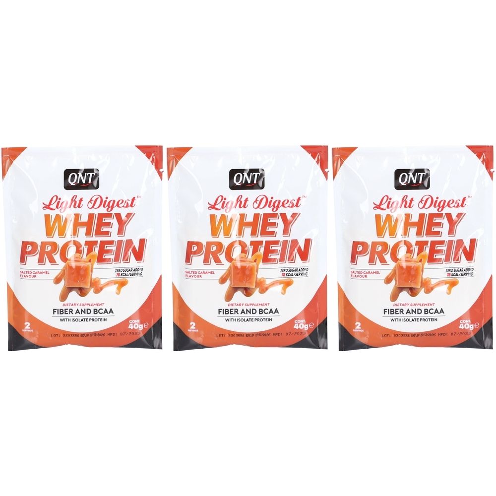 Trois sachets de QNT Light Digest Whey Protein. Inscription : Whey Protein, Fiber et BCAA. Portions individuelles, 40g.