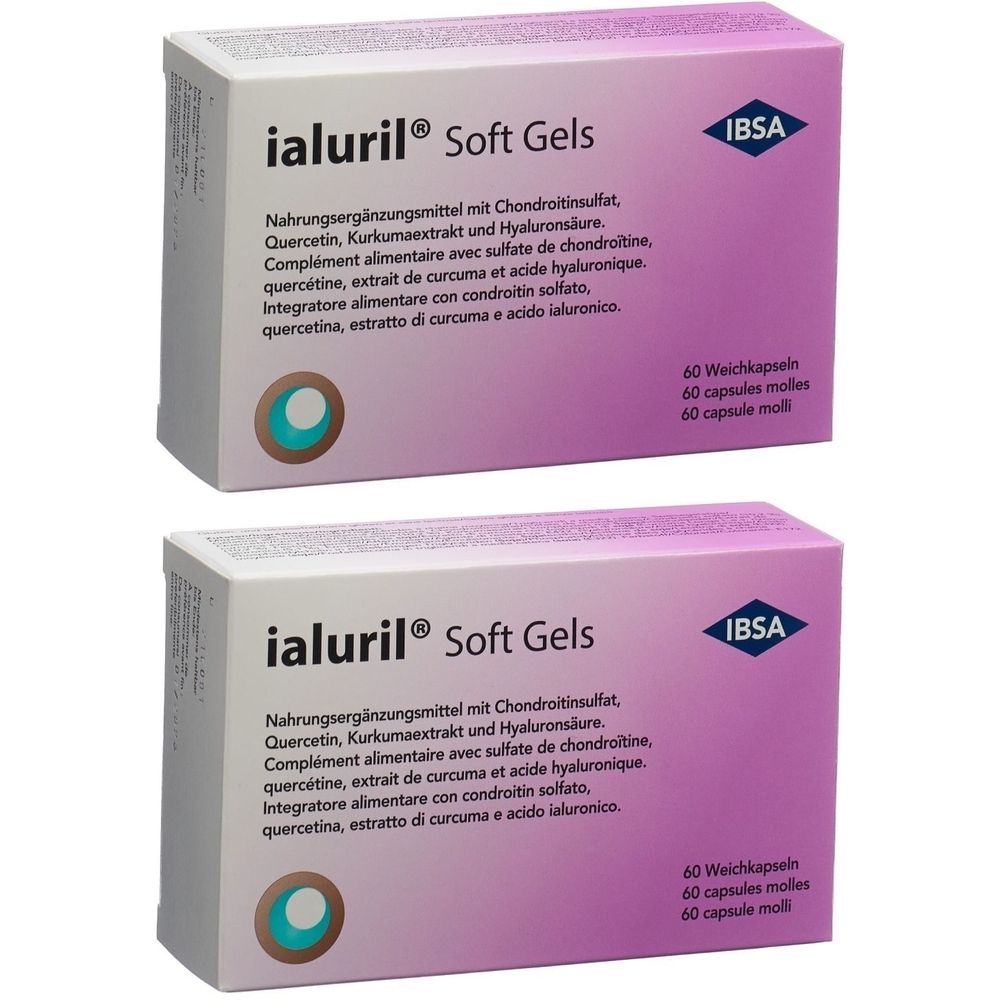 Zwei Schachteln mit „ialuril® Soft Gels“. Aufschrift: Nahrungsergänzungsmittel. IBSA Logo. 60 Weichkapseln.