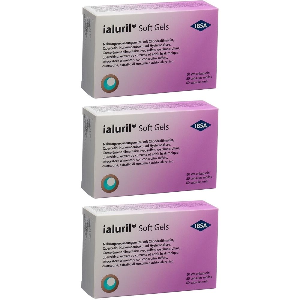 Drei Schachteln Ialuril Soft Gels. Aufschrift: IBSA, 60 Kapseln. Lila und weißes Design mit Produktinformationen.