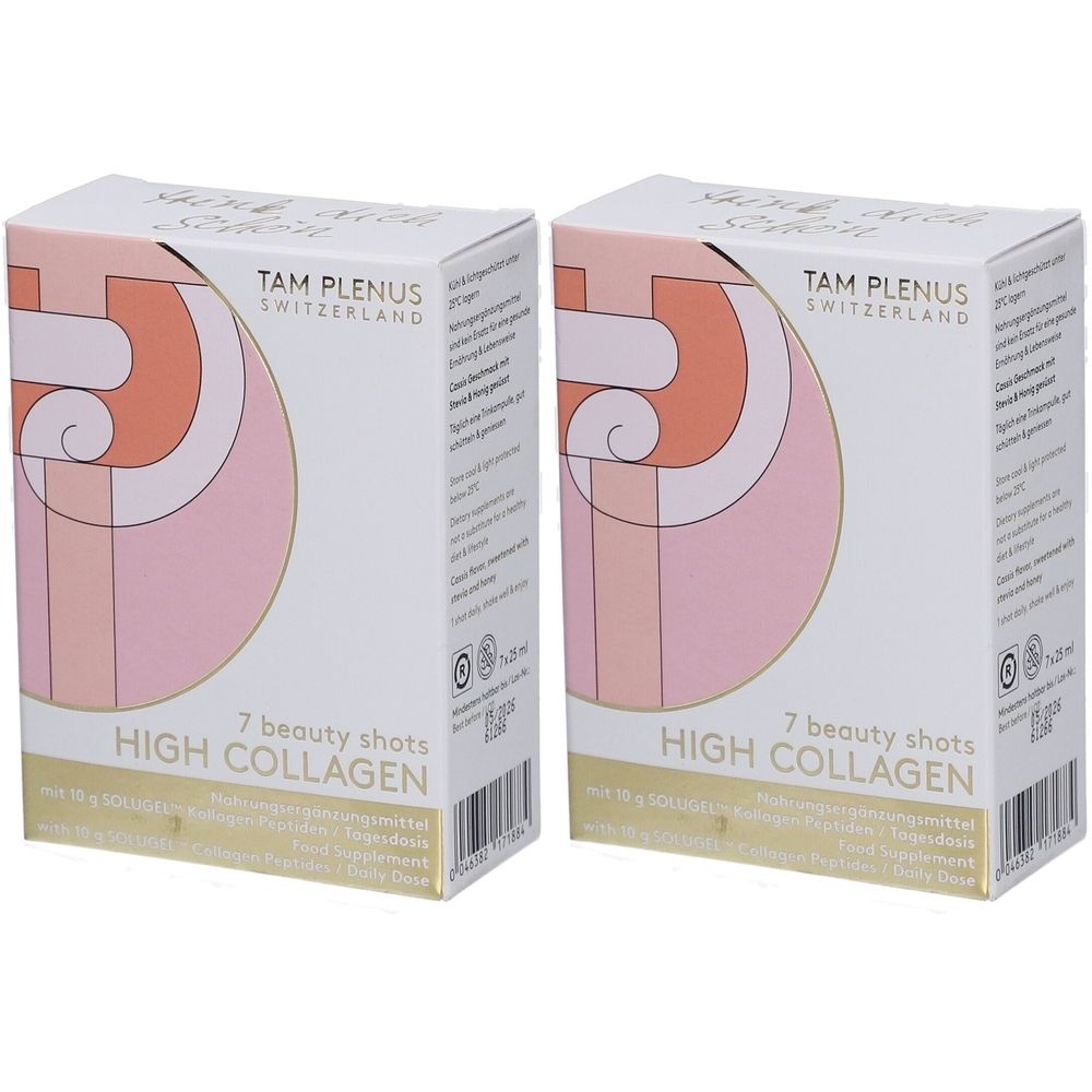 Deux boîtes "HIGH COLLAGEN". Design rose et blanc, texte "7 beauty shots". Marque : TAM PLENUS SWITZERLAND.