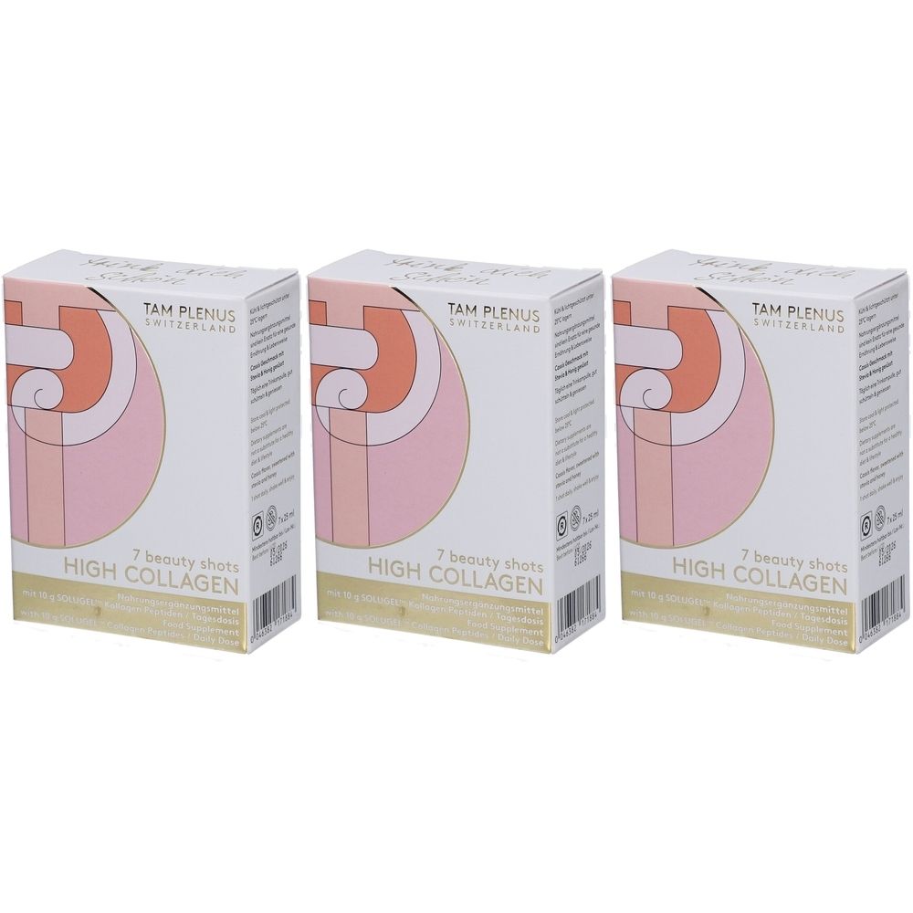Trois boîtes de "HIGH COLLAGEN". Chaque boîte présente un design abstrait rose et orange. Texte : "7 beauty shots". Marque : TAM PLENUS.