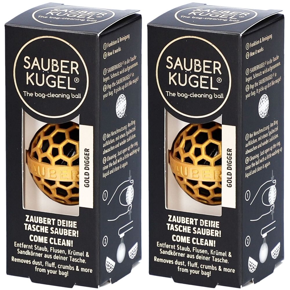 Zwei schwarze Schachteln mit goldfarbenen Kugeln. Aufschrift: SAUBER KUGEL, The bag-cleaning ball. Produktname und Anwendung.