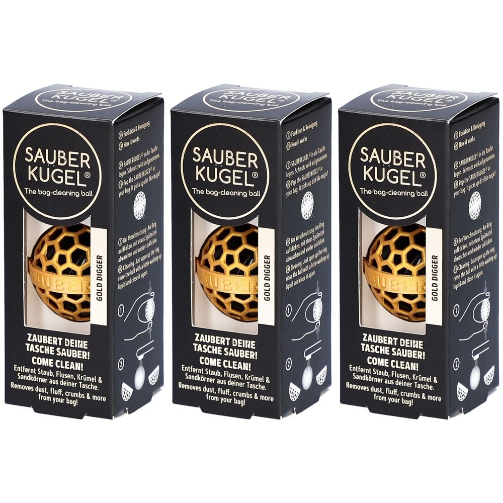 Drei schwarze Produktverpackungen mit goldfarbenen Kugeln. Aufschrift: SAUBERKUGEL, The bag-cleaning ball. Entfernt Staub, Flusen, Krümel.