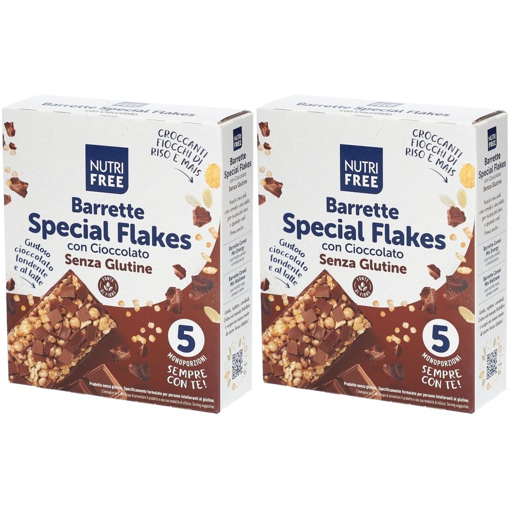Deux boîtes de barres chocolatées sans gluten. Inscription : NUTRI FREE, Barrette Special Flakes, au chocolat. 5 barres par paquet.