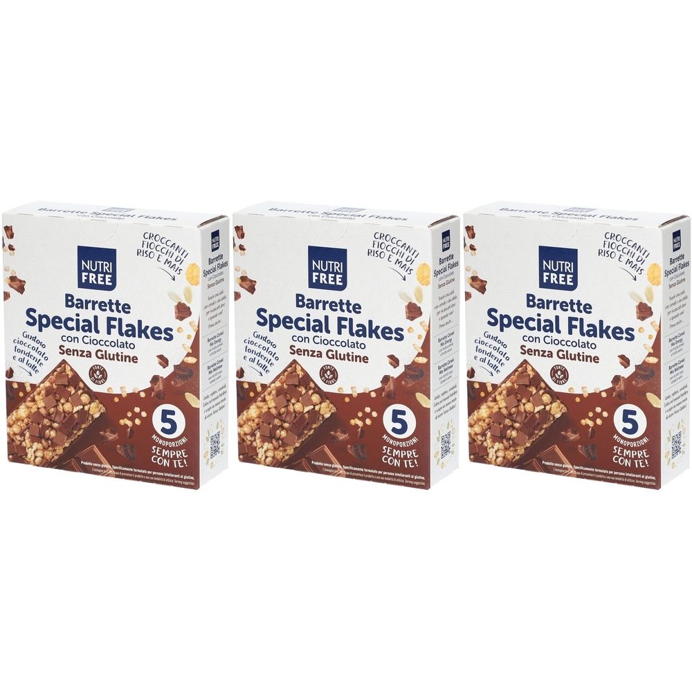 Trois boîtes de barres chocolatées sans gluten. Inscription : NUTRIFREE, Barrette Special Flakes, au chocolat, sans gluten.