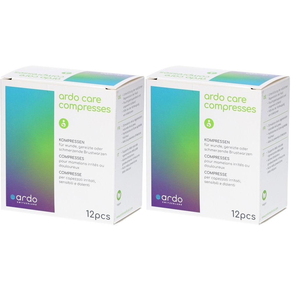 Deux boîtes de "ardo care compresses". Inscription "12pcs". Design vert et blanc avec logo. Texte en allemand, français, italien.