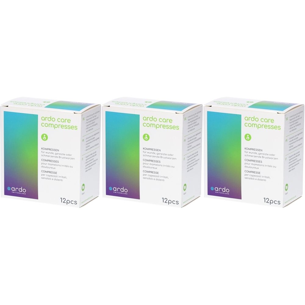 Trois boîtes de compresses. Chaque boîte porte l'inscription "ardo core compresses" et "12pcs".