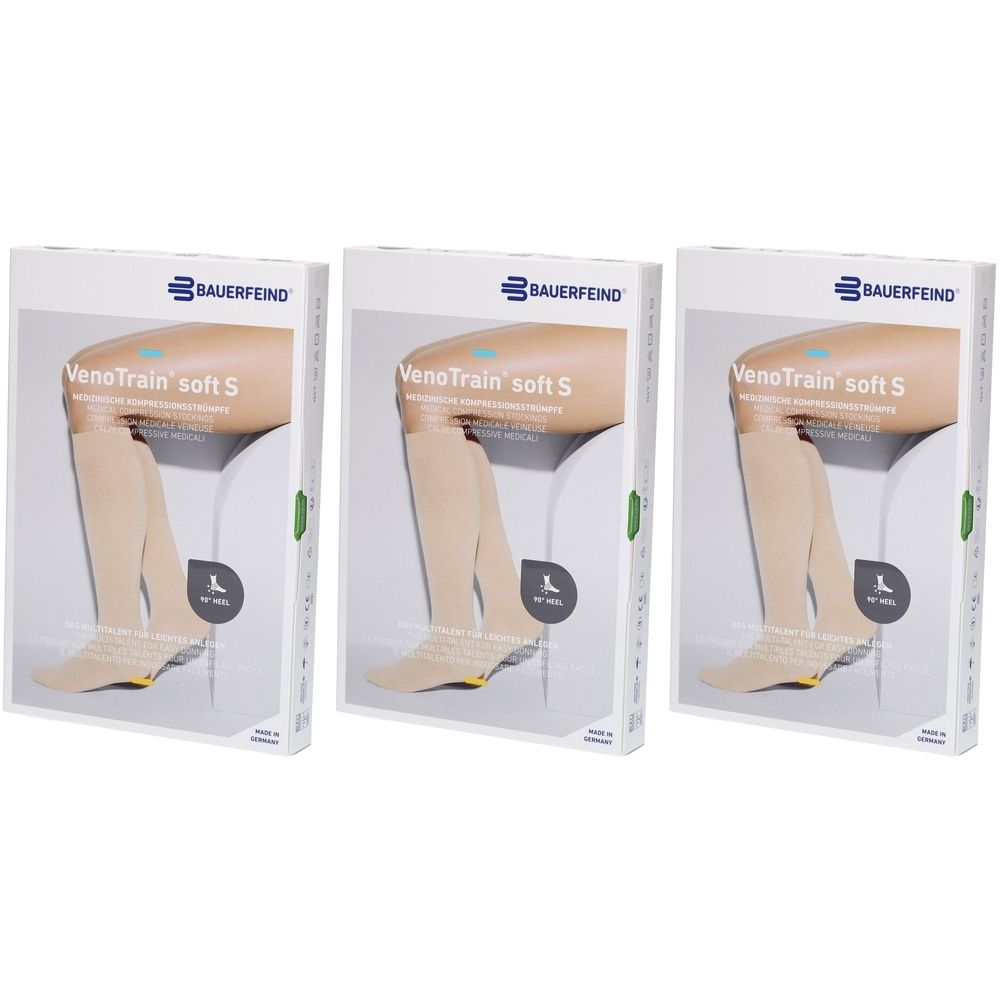 Trois boîtes de bas de compression. Marque : BAUERFEIND. Inscription : VenoTrain soft S. Bas beiges présentés sur une jambe.