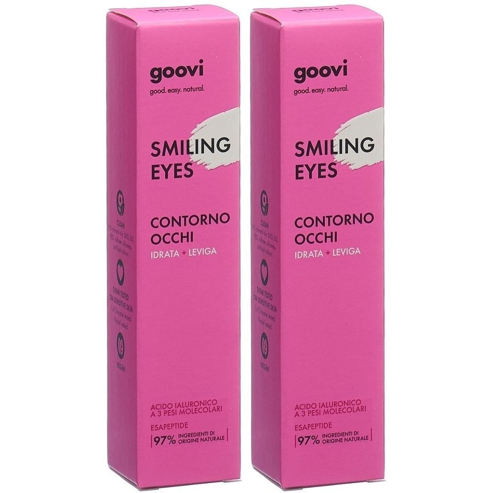 Deux boîtes roses de crème pour les yeux GOOVI SMILING EYES. Inscription : CONTORNO OCCHI, IDRATA - LEVIGA. Contient de l'acide hyaluronique et de l'Esapeptide.