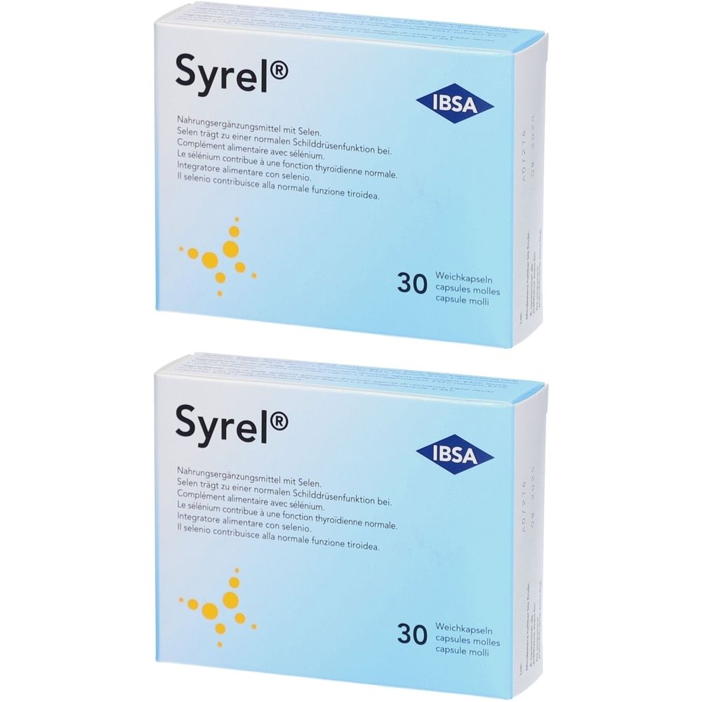 Deux boîtes de gélules molles SYREL au sélénium. Emballage bleu avec texte blanc. 30 gélules par boîte. Logo IBSA.