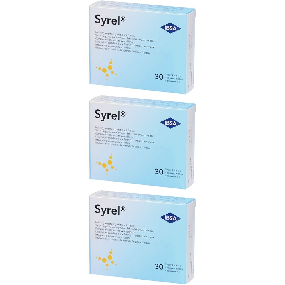 Trois boîtes de SYREL gélules molles au sélénium. Emballage bleu clair avec nom du produit, logo et 30 gélules. Logo IBSA.