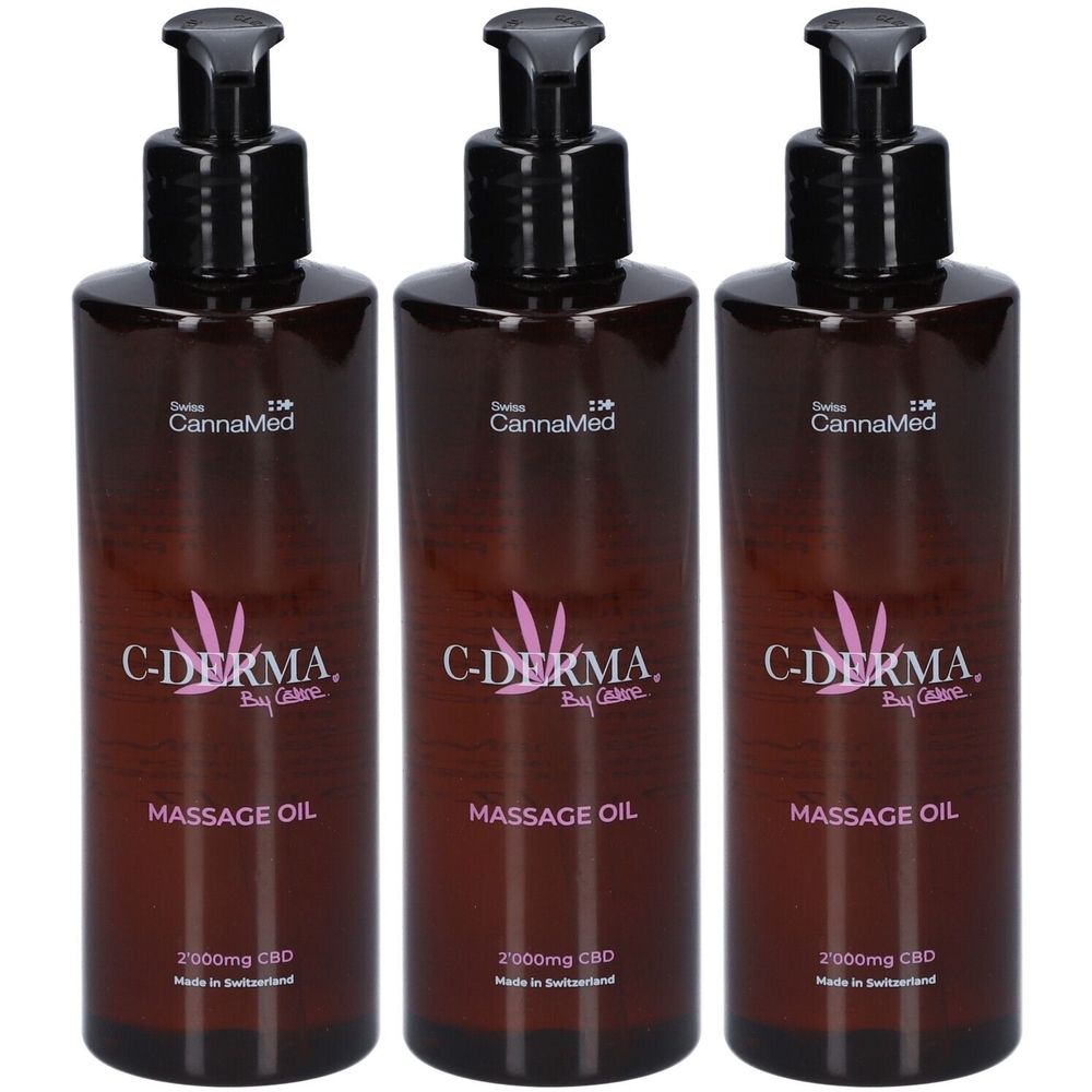 Trois flacons bruns avec pompes noires. Inscription: C-DERMA Massage Oil, 2000mg CBD, Swiss CannaMed. Fabriqué en Suisse.