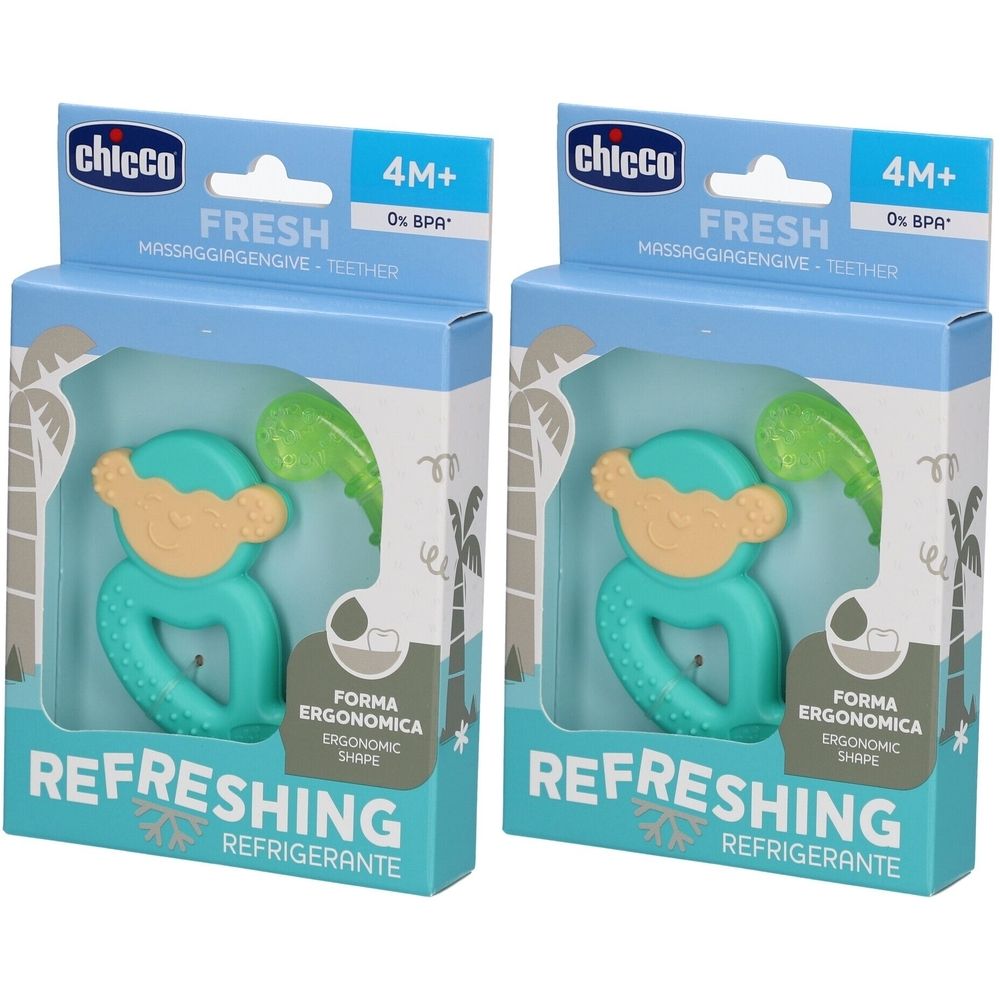 Zwei Verpackungen mit einem blauen Beißring in Affenform. Aufschrift: FRESH, REFRESHING, 4M+ und Chicco-Logo.