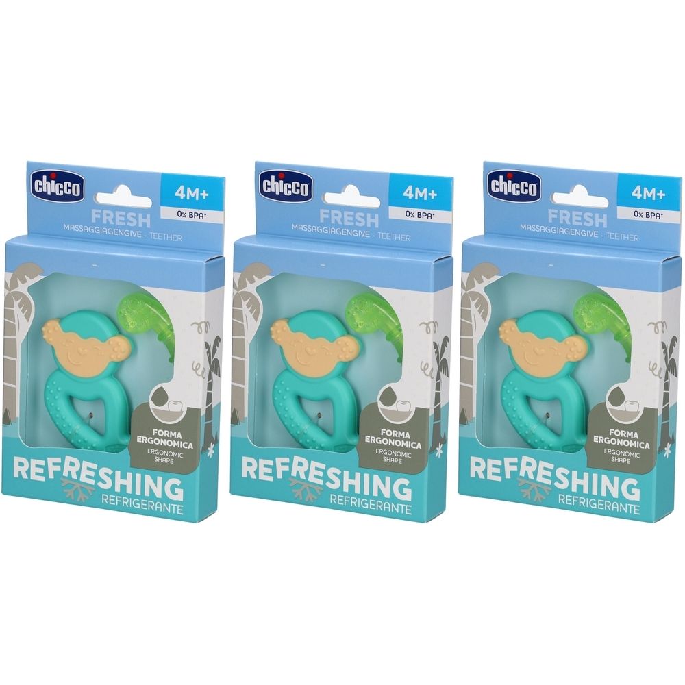 Drei Verpackungen mit einem Baby-Beißring. Der Beißring hat eine ergonomische Form und ist in Türkis und Beige gehalten. Die Verpackung zeigt den Markennamen.