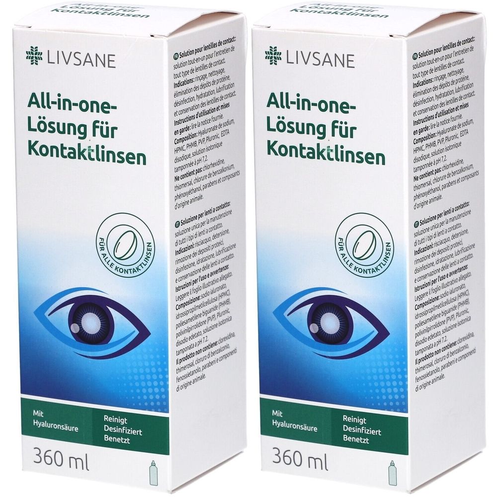Deux boîtes blanches de solution LIVSANE All-in-one pour lentilles de contact. Inscription : Nettoie, désinfecte, hydrate. Avec acide hyaluronique. 360 ml.