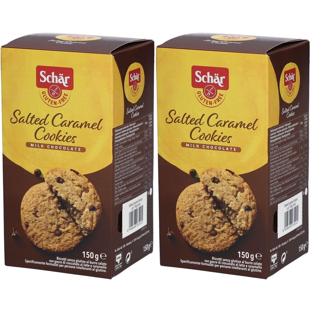 Zwei Schachteln Schär glutenfreie Salted Caramel Cookies. Aufschrift: Salted Caramel Cookies, Milchschokolade, 150g.