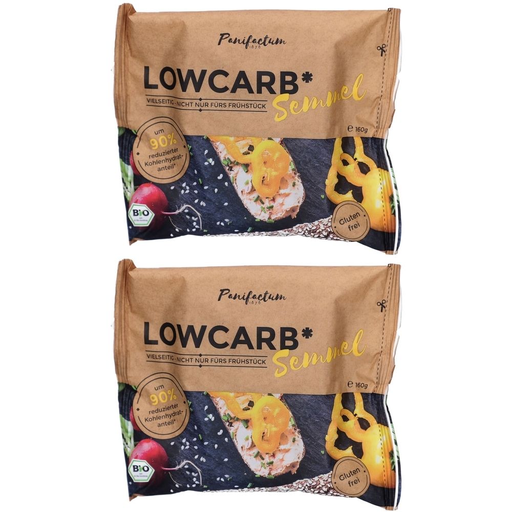 Deux paquets de pain. Inscription: LOWCARB Semmel, sans gluten, bio. Image de tartines. Emballage brun.